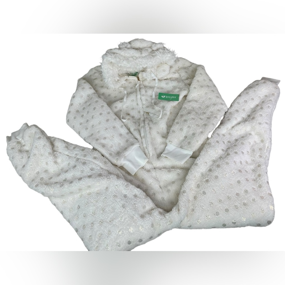 NEW Honeydew Intimates Snowed In Hooded Ear One Piece‎ Women's Small Cream Dot